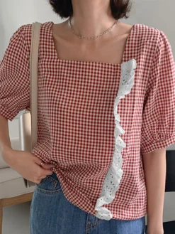 Check Print Lace Panel Short Sleeve Square Collar Blouse -Zanzea Shop b5d9eaf2 1c09 414c 8800 b674e9813896