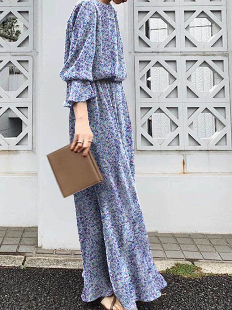 Floral Print Long Bell Sleeve Crew Neck Slit Maxi Dress 3 Floral Print Long Bell Sleeve Crew Neck Slit Maxi Dress - Image 3