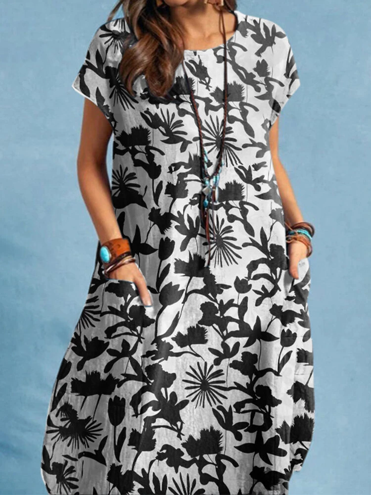 Plants Print Pocket Short Sleeve Crew Neck Casual Dress 2 Plants Print Pocket Short Sleeve Crew Neck Casual Dress - Image 2