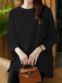 Solid High-low Hem Casual Long Sleeve Crew Neck T-shirt -Zanzea Shop b613295e 4325 46be b1ab b5915d646324