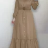 Solid Color Button Pleated Waistband Long Sleeve Casual Muslim Dress