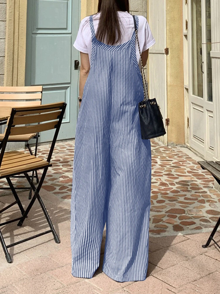 Women Stripe Print Pocket Strap Wide Leg Jumpsuit 2 Women Stripe Print Pocket Strap Wide Leg Jumpsuit - Image 2