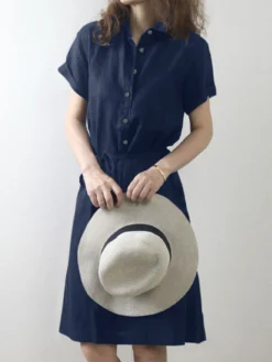 Solid Button Front Lapel Short Sleeve Dress With Belt -Zanzea Shop b71e329c a4b0 4253 a80b 6320a1771ca3