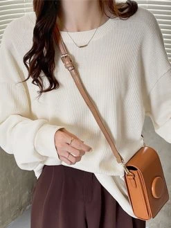 Solid Long Sleeve Loose Crew Neck Casual T-shirt