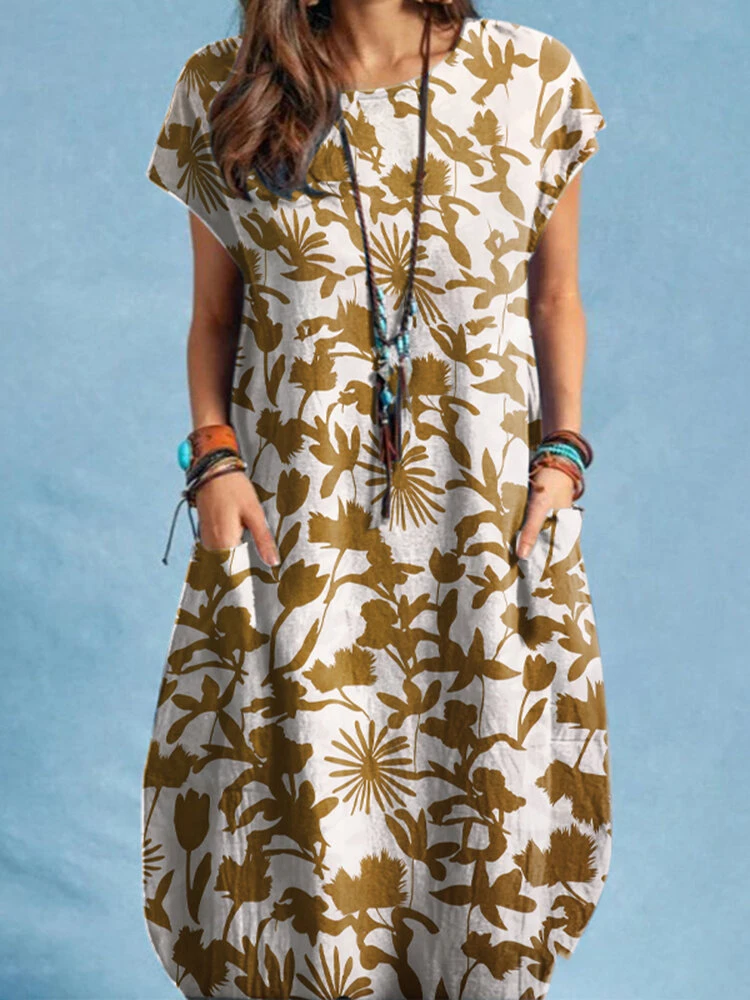 Plants Print Pocket Short Sleeve Crew Neck Casual Dress 3 Plants Print Pocket Short Sleeve Crew Neck Casual Dress - Image 3