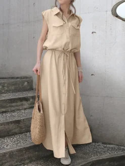 Solid Drawstring Waist Pocket Button Front Maxi Cargo Dress -Zanzea Shop b7b95f24 b570 4002 868e 135da7ccf872