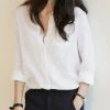Solid V-neck Pocket Long Sleeve Women Casual Blouse