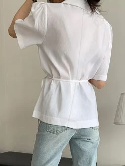 Solid Button Tie-Up Lapel Short Sleeve Casual Cotton Blouse -Zanzea Shop b811443b e455 446c 95ea 4e244f774883