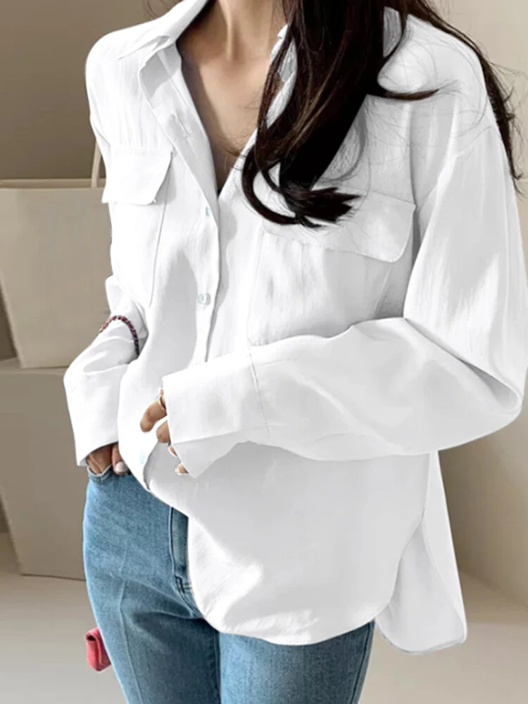 Solid Button Lapel Pocket Long Sleeve Shirt 3 Solid Button Lapel Pocket Long Sleeve Shirt - Image 3