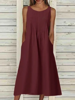 Women Solid Pleated Crew Neck Casual Sleeveless Dress -Zanzea Shop b8139b04 4df7 4093 ab15 ddcbd2cfe359