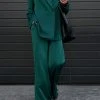 Solid Satin Long Sleeve Pocket Wide Leg Two Pieces Suit