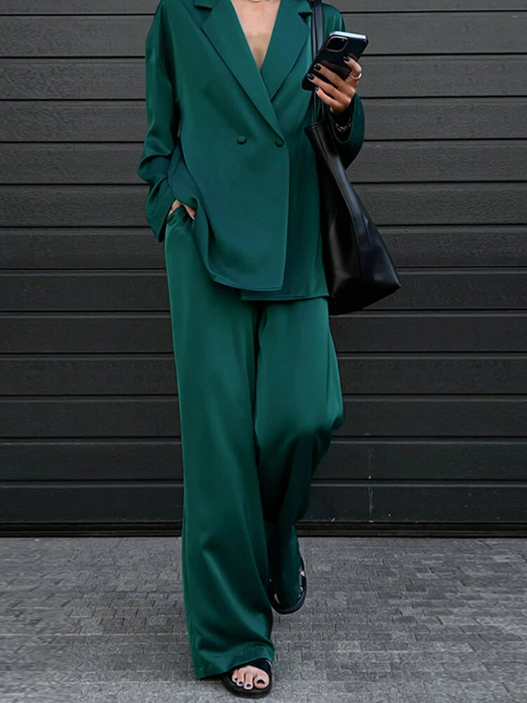 Solid Satin Long Sleeve Pocket Wide Leg Two Pieces Suit 1 Solid Satin Long Sleeve Pocket Wide Leg Two Pieces Suit