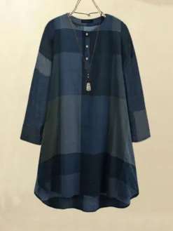 Check Pattern High-low Hem Long Sleeve Dress -Zanzea Shop b829792e 8868 4783 9e62 28fda83db904