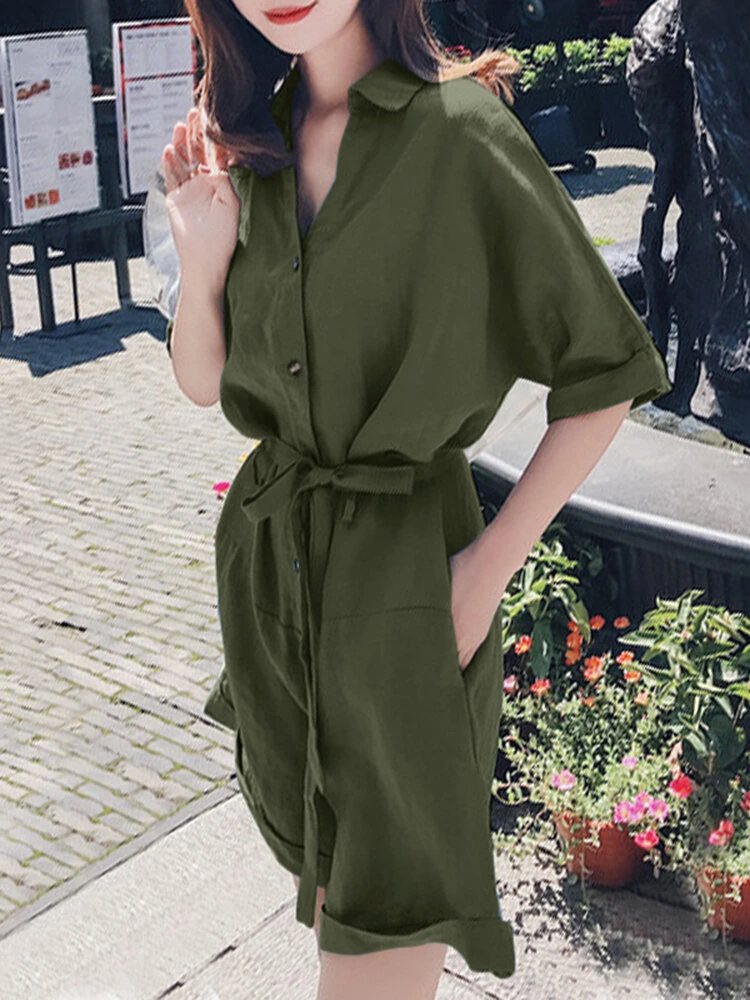 Solid Pocket Lapel Belt Button Front Short Sleeve Romper 3 Solid Pocket Lapel Belt Button Front Short Sleeve Romper - Image 3