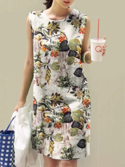 Allover Plants Print Sleeveless Crew Neck Vintage Dress -Zanzea Shop b889316e 6da0 4fa1 9553 171f4a8a75ec