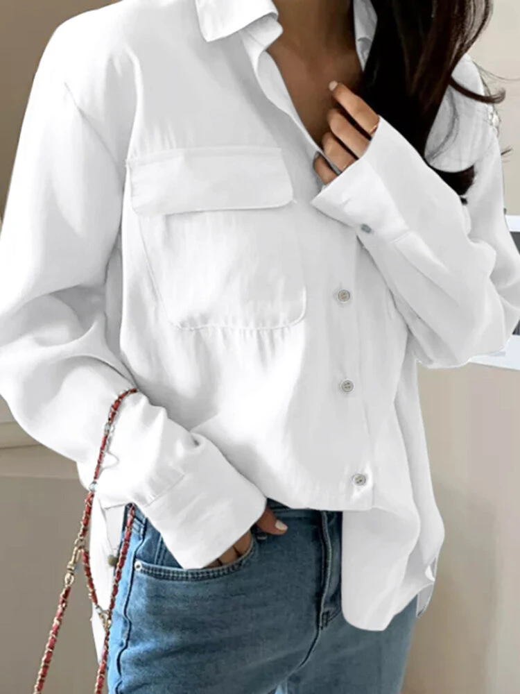 Solid Button Lapel Pocket Long Sleeve Shirt 2 Solid Button Lapel Pocket Long Sleeve Shirt - Image 2