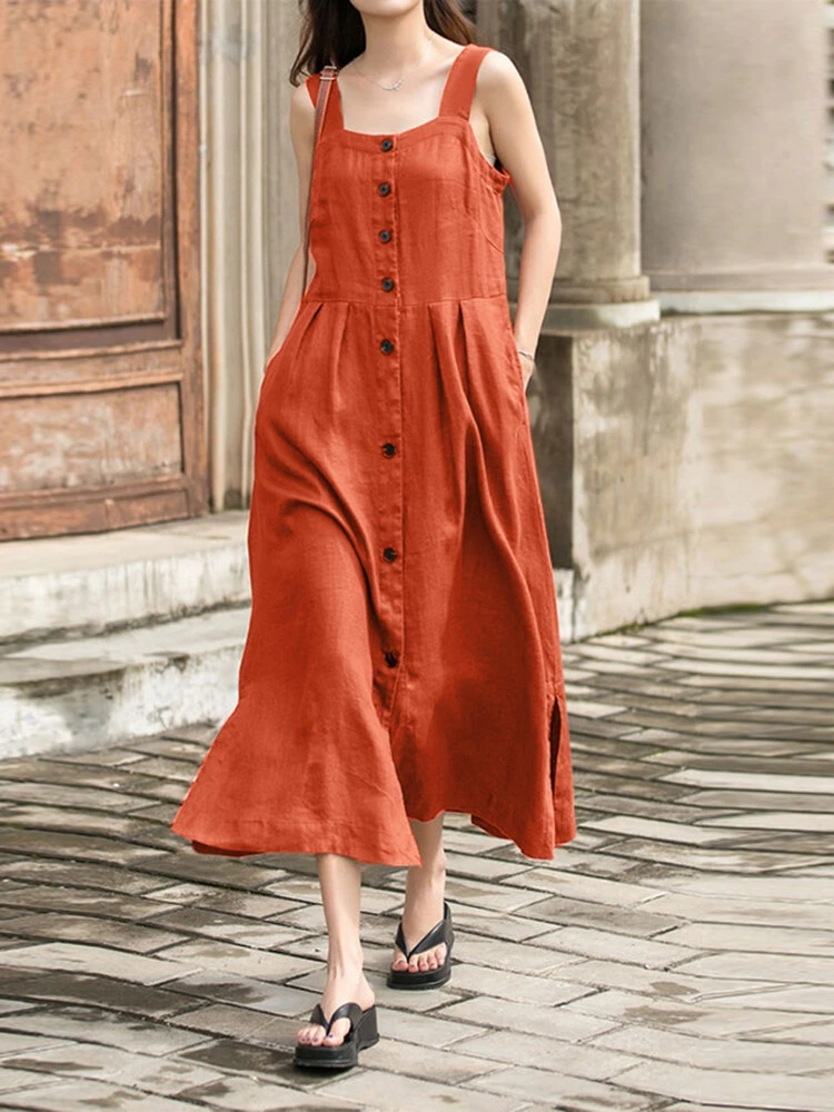 Women Solid Button Front Split Hem Straps Dress With Belt 1 Women Solid Button Front Split Hem Straps Dress With Belt