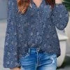 Calico V Neck Long Sleeve Casual Blouse
