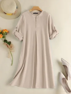 Solid Pocket Roll Tab Sleeve Notch Neck Vintage Dress -Zanzea Shop b91830e1 331c 4449 90de 479655306f7e