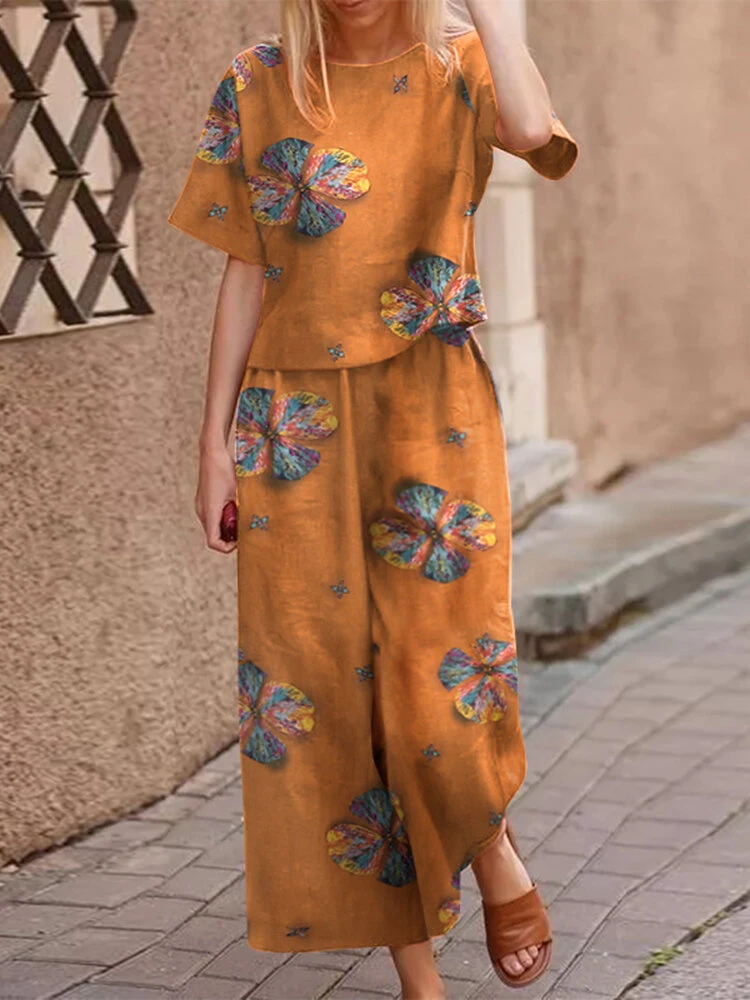 Flower Print Short Sleeve Wide Leg Two Pieces Suit 3 Flower Print Short Sleeve Wide Leg Two Pieces Suit - Image 3