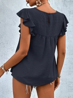 Women Solid Texture Crew Neck Ruffle Sleeveless Blouse -Zanzea Shop b95891e2 c0d7 45c0 8929 a31c26e8cd1d