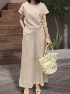 Women Solid Crew Neck Short Sleeve Wide Leg Pants Co-ords -Zanzea Shop b95a2aa9 f2fa 4e82 9230 b1d6acc72eb5