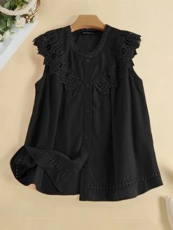 Women Lace Splice Button Front Casual Sleeveless Tank Top