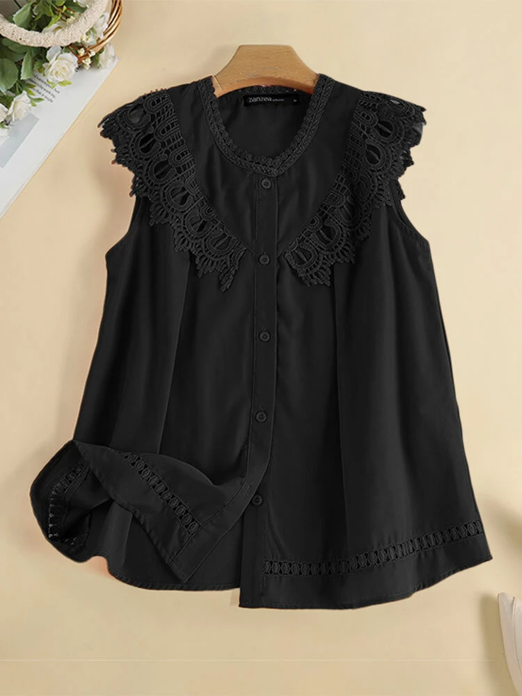 Women Lace Splice Button Front Casual Sleeveless Tank Top 1 Women Lace Splice Button Front Casual Sleeveless Tank Top