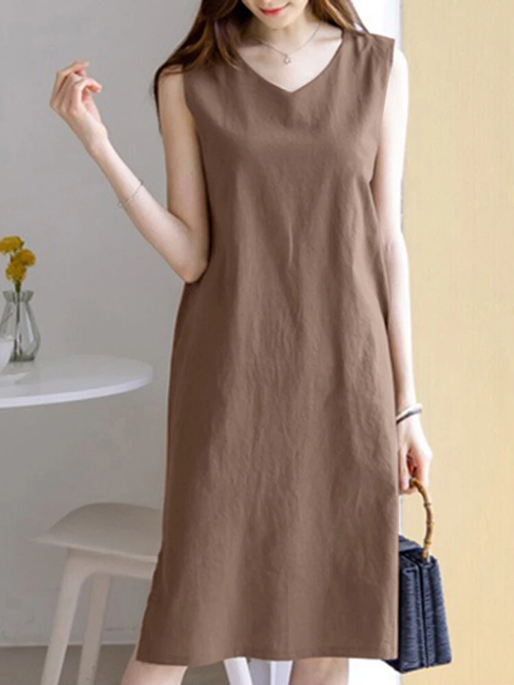 Leisure Solid Slit Hem V Neck Sleeveless Cotton Midi Dress 7 Leisure Solid Slit Hem V Neck Sleeveless Cotton Midi Dress - Image 7