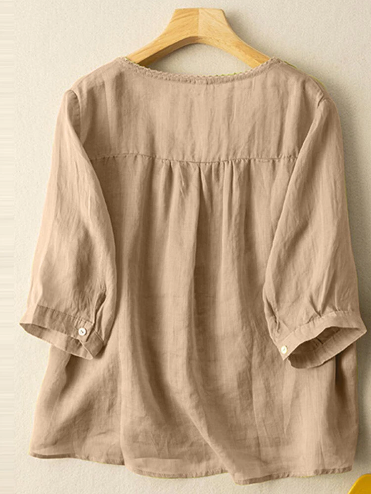 Women Lace Trim V-Neck Cotton Plain 3/4 Sleeve Blouse 2 Women Lace Trim V-Neck Cotton Plain 3/4 Sleeve Blouse - Image 2