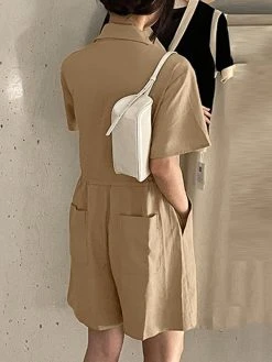 Solid Pocket Drawstring Waist Button Lapel Short Sleeve Romper -Zanzea Shop b9a112c4 88d0 42ec b7b5 5f198412476f