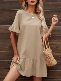 Women Solid Crew Neck Cotton Ruffle Sleeve Dress -Zanzea Shop b9b09092 ea12 45f8 891d 6cc56870e765