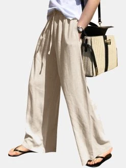 Solid Pocket Drawstring Elastic Waist Wide Leg Pants