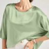 Solid Loose Dolman Sleeve Satin Crew Neck Women Blouse