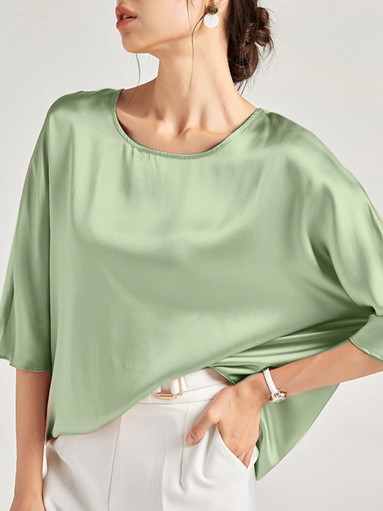 Solid Loose Dolman Sleeve Satin Crew Neck Women Blouse 1 Solid Loose Dolman Sleeve Satin Crew Neck Women Blouse