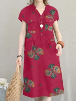 Vintage Floral Print Notch Neck Drawstring Waist Cotton Dress -Zanzea Shop b9e3a94e e20f 4f4a bf99 3f990ccaddde