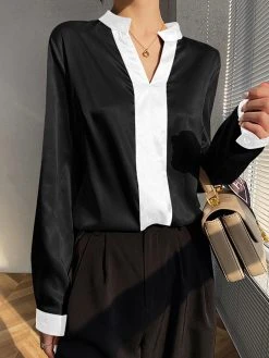 Contrast Satin Long Sleeve V-neck Blouse For Women -Zanzea Shop ba1eb848 bcf1 4272 b1b2 33dea799eea3
