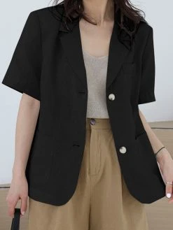 Solid Pocket Button Front Short Sleeve Lapel Casual Blazer -Zanzea Shop ba3567ea 82fe 485d 86fb 2064aaa39a4e