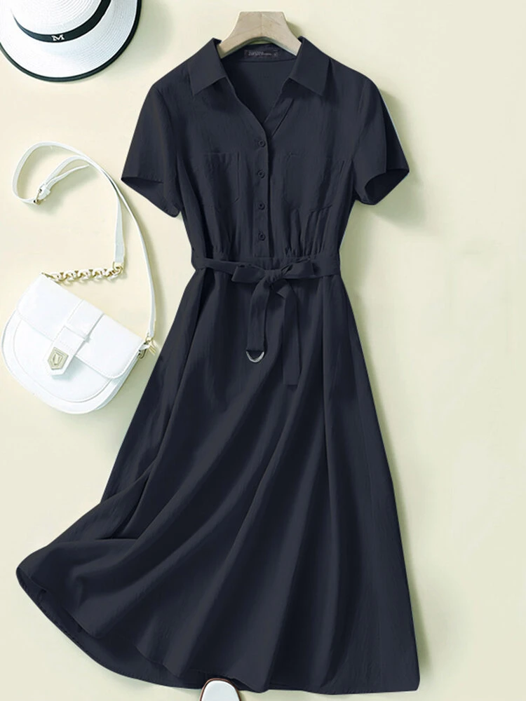 Solid Pocket Button Lapel Short Sleeve Shirt Dress With Belt 3 Solid Pocket Button Lapel Short Sleeve Shirt Dress With Belt - Image 3