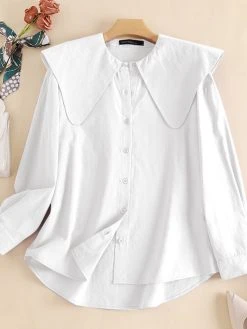 Solid Lapel Long Sleeve Button Women Blouse