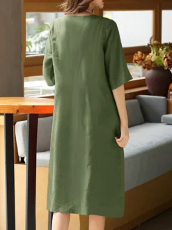 Solid Dual Pocket Half Sleeve Crew Neck Midi Dress -Zanzea Shop ba772b04 9f34 449c 886b 28ad1cce1152