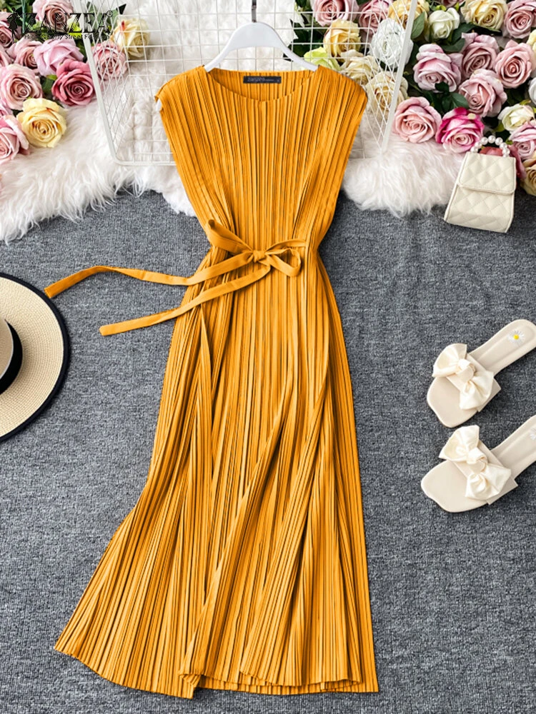 Solid Pleated Sleeveless Crew Neck Casual Dress With Belt 3 Solid Pleated Sleeveless Crew Neck Casual Dress With Belt - Image 3