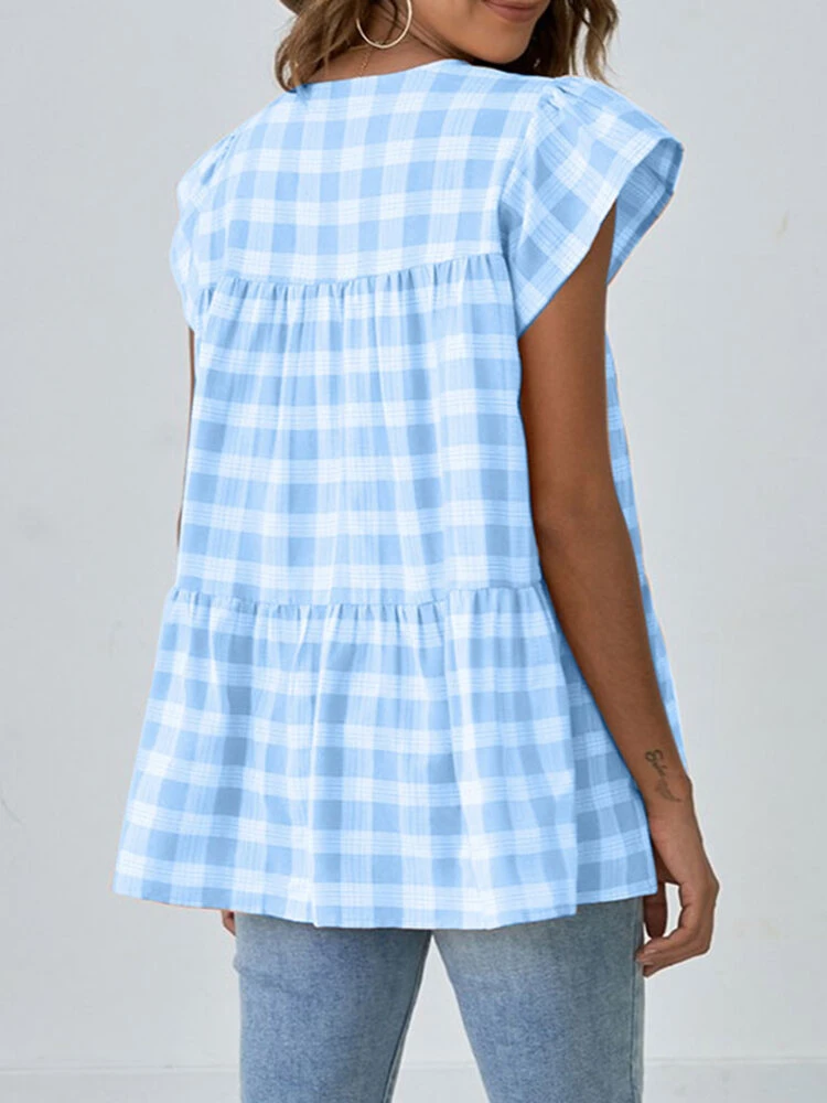 Women Check Print Ruffle Sleeve V-neck A-line Blouse 2 Women Check Print Ruffle Sleeve V-neck A-line Blouse - Image 2