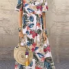 Allover Leaves Print Short Sleeve Crew Neck Maxi Dress