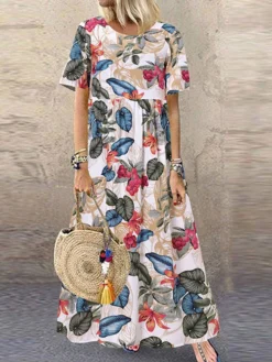 Allover Leaves Print Short Sleeve Crew Neck Maxi Dress