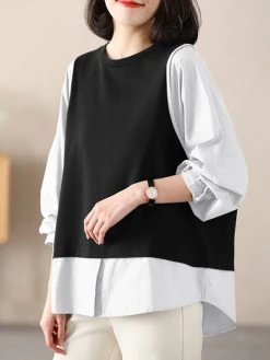 Women Contrast Long Sleeve Crew Neck Casual Blouse -Zanzea Shop bac54738 8b2c 4793 95ad a7825999c852