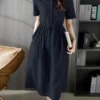 Solid Drawstring Waist Pocket Short Sleeve Vintage Dress