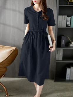 Solid Drawstring Waist Pocket Short Sleeve Vintage Dress