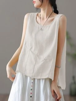 Solid Fold Pleated Crew Neck Sleeveless Casual Tank Top -Zanzea Shop bae8d1f3 fd17 4d5f b2f7 54f719001498