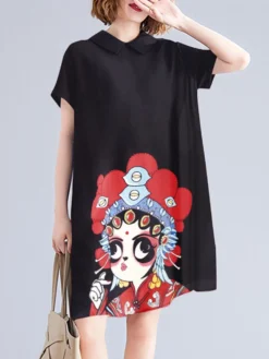 Peking Opera Pattern Pocket Short Sleeve Midi Dress -Zanzea Shop baf61430 1751 4024 83c5 5582e8c4e38c